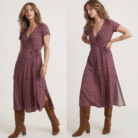 New! Marine Layer Emlyn Print Midi Wrap Dress In Fan Block Print XS 2804 - Picture 1 of 13